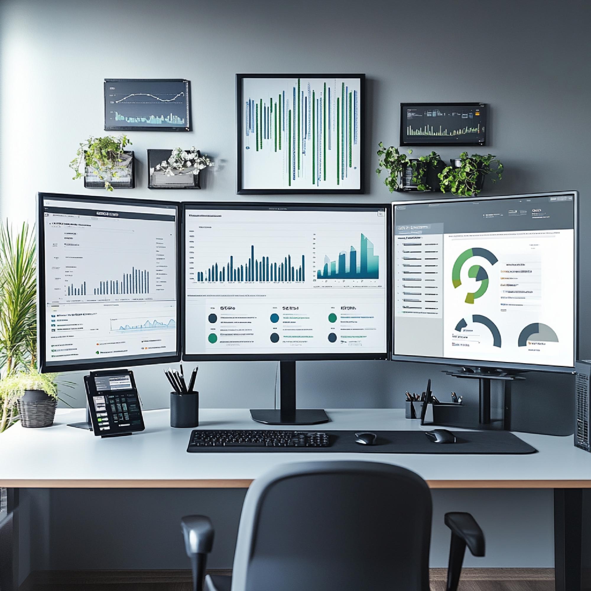 Workspace with multiple market charts on screens